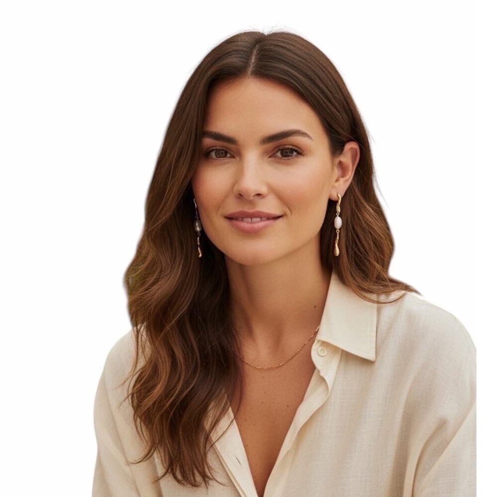 Lucky Brand NWT Freshwater Pearl Gold Tone Linear Drop Dangle Earrings - Picture 7 of 7